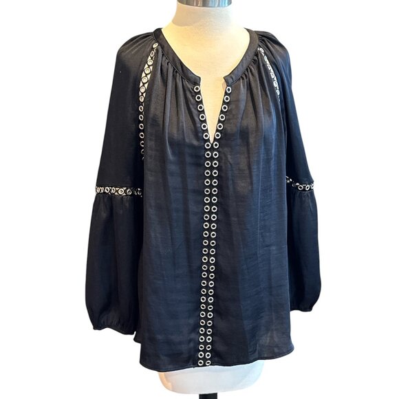 INC Black V-Neck Metal Accent Blouse - Picture 1 of 8